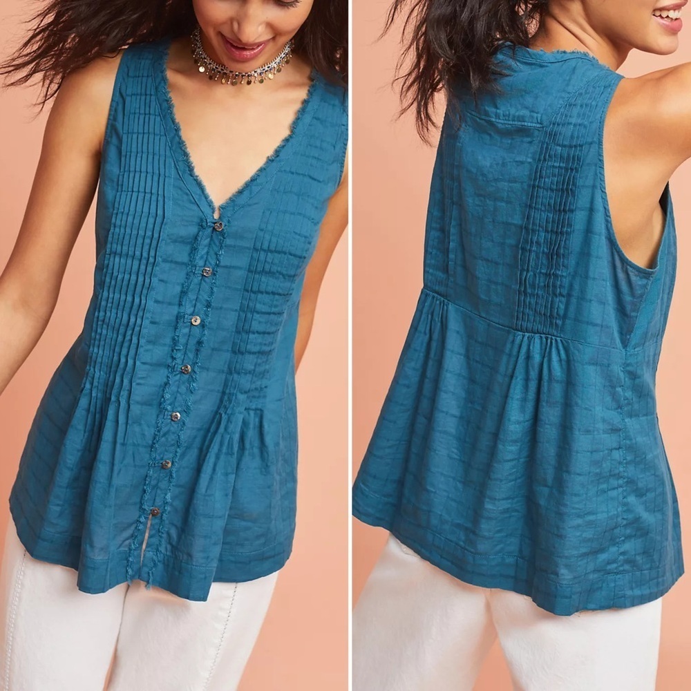 Anthropologie Maeve Blue Pintucked Tank Top Women’s Size Medium Petite